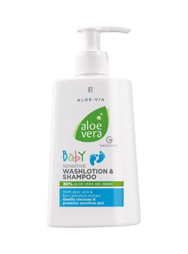 Bouteille de "Aloe Vera Baby Lotion lavante douce & shampoing pour bébé", composée d'ingrédients naturels comme l'aloe vera et l'extrait de calendula, offrant un soin nettoyant hydratant et protecteur pour la peau délicate des nourrissons.