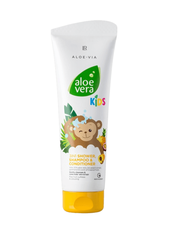 Flacon jaune de "Gel douche 3en1 Jungle Kids" enrichi en Aloe Vera et panthénol pour une hydratation intense et un soin doux pour la peau et les cheveux des enfants.<br />
