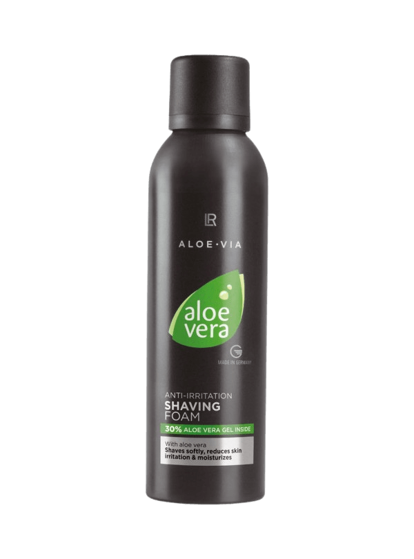 Bouteille de "Aloe Vera Mousse de rasage anti-irritation", contenant 30% de gel d'Aloe Vera, conçue pour apaiser et protéger la peau contre les irritations tout en offrant une hydratation.