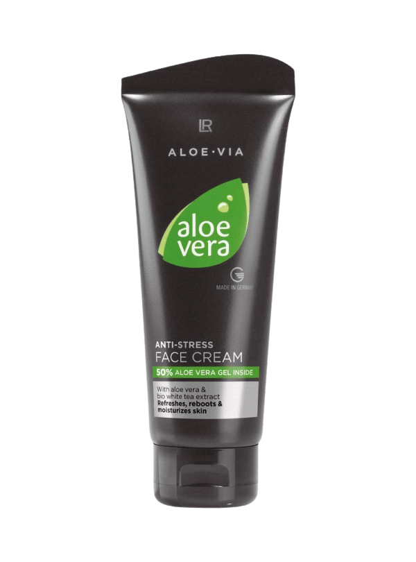 Tube de "Aloe Vera Crème Anti-Stress pour le visage", conçue spécialement pour les hommes, avec 50% de gel d'aloe vera et d'extrait de thé blanc bio, pour une peau hydratée et revitalisée.