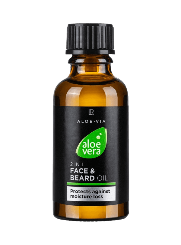 Flacon d'huile "Aloe Vera 2 en 1 pour le visage et la barbe", combinant les vertus de l'Aloe Vera et l'extrait de houblon bio pour hydrater et adoucir la peau ainsi que la barbe.