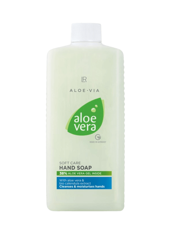 Bouteille de recharge de savon-crème "Aloe Vera" sur un fond neutre, indiquant l'hydratation et le soin des mains avec des ingrédients naturels.