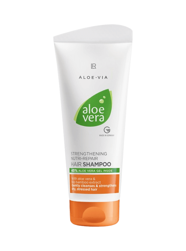 Shampooing Aloe Vera Nutri-Repair, riche en gel d'Aloe Vera à 45% et extrait de bambou bio, pour cheveux secs et stressés, offrant nettoyage doux, hydratation et renforcement.