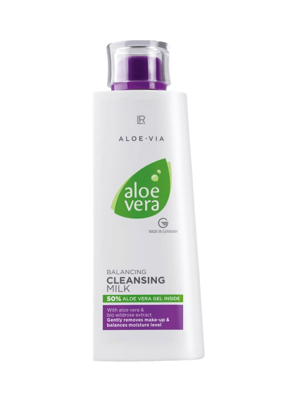 Photo d'un flacon de lait nettoyant Aloe Vera, riche en gel d'Aloe Vera et extrait de rose sauvage, conçu pour nettoyer la peau tout en préservant son hydratation naturelle, adapté aux peaux sèches et fragiles.