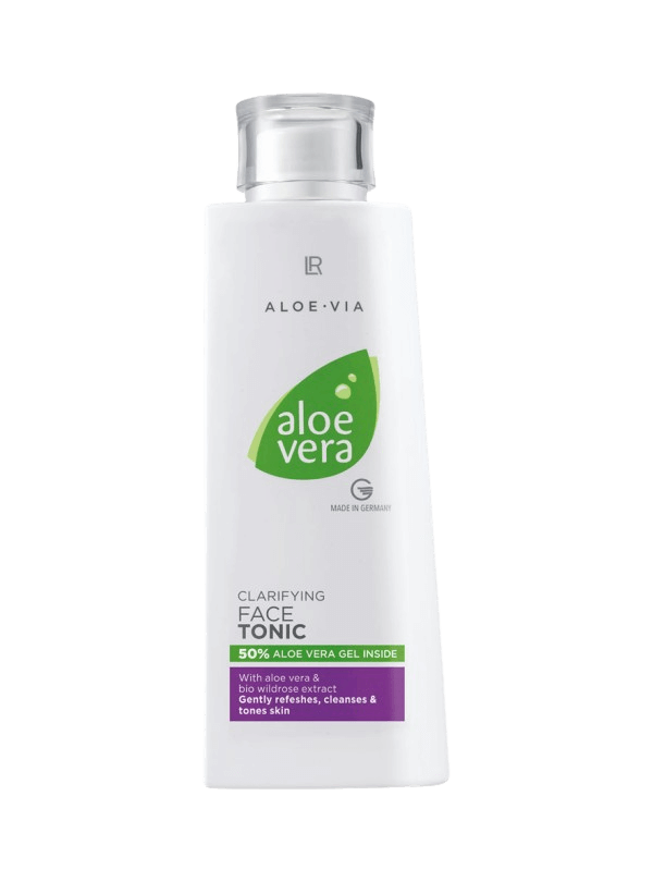Flacon de tonique facial Aloe Vera sans alcool, enrichi de 50% d'aloe vera et d'extrait de rose bio pour une peau hydratée et apaisée.