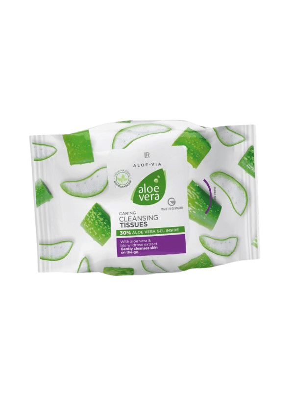 Emballage de lingettes nettoyantes Aloe Vera pour un nettoyage hydratant et doux du visage et des mains, enrichies en extrait de rose musquée bio, parfaites pour une utilisation quotidienne non asséchante.