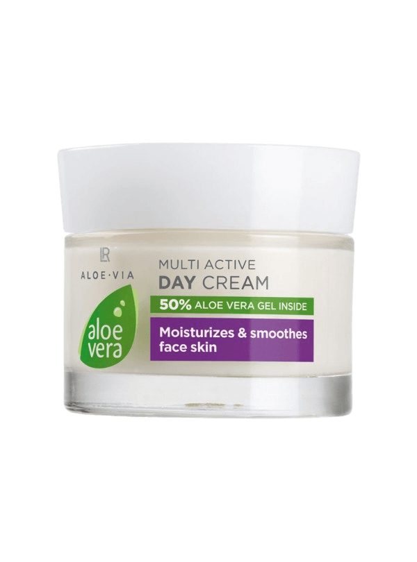 Pot de crème de jour Aloe Vera multi-active hydratante et lissante pour un teint éclatant et une peau douce toute la journée.