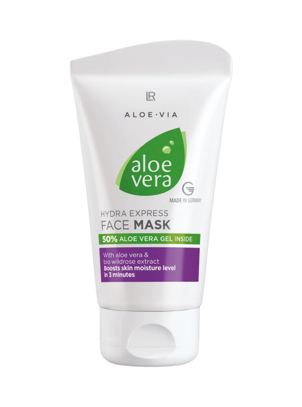 Tube de "Aloe Vera Masque hydratant express pour le visage", enrichi en aloe vera et extrait de rose musquée, conçu pour hydrater intensément et revitaliser la peau.