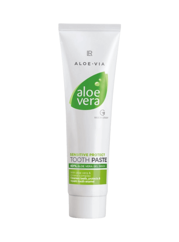 Tube de dentifrice Aloe Vera Gel Protecteur sur fond naturel avec ingrédients actifs énoncés, pour une hygiène bucco-dentaire optimale.