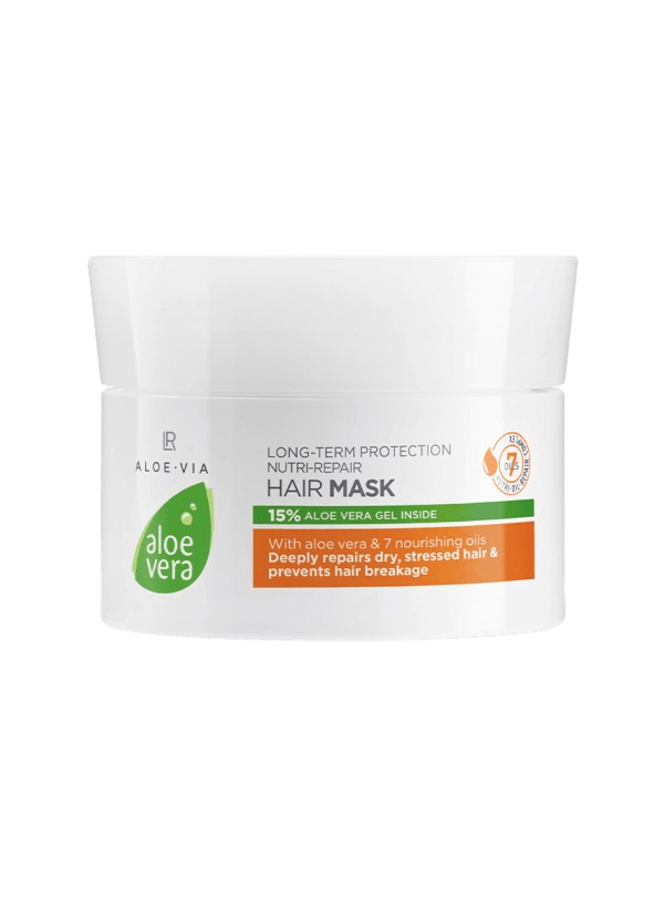 Pot de masque capillaire "Aloe Vera Nutri-Repair", contenant 15 % de gel d'Aloe Vera et 7 huiles nourrissantes, conçu pour revitaliser les cheveux secs et prévenir la cassure.