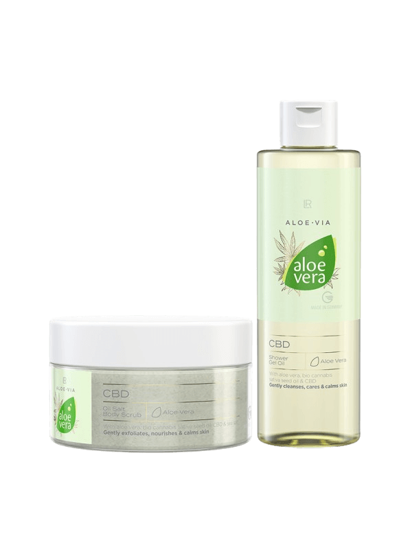 Ensemble de soins corporels CBD avec Aloe Vera, comprenant un gel douche hydratant et un gommage corporel exfoliant, enrichis en huile de graines de cannabis sativa biologique et CBD pour une peau apaisée et revitalisée.