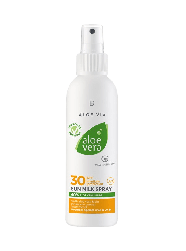 Spray Solaire "Sun Spray active LSF 30", formule protectrice et hydratante avec Aloe Vera, pour une application rapide et efficace contre les rayons UV.