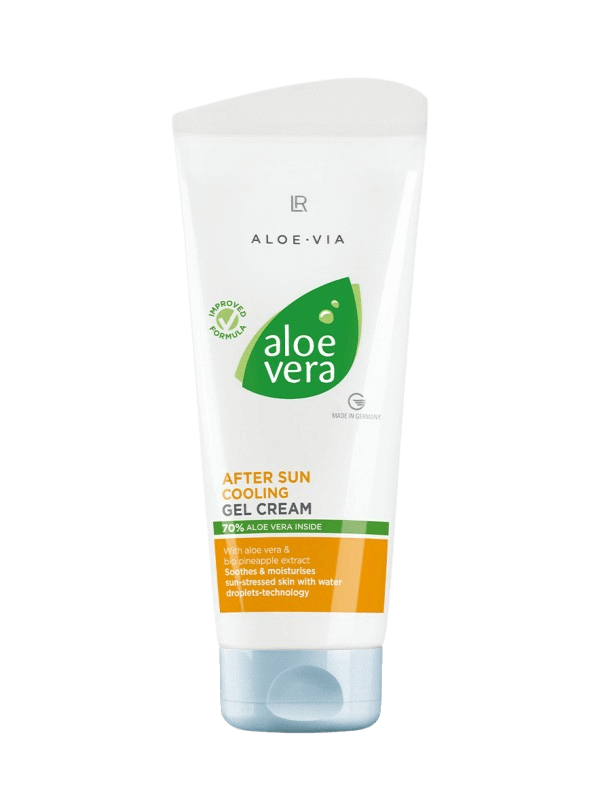 Tube de "Gel-crème après-soleil Aloe Vera", enrichi en aloe vera et extrait d'ananas, conçu pour rafraîchir et hydrater la peau après l'exposition au soleil.<br />