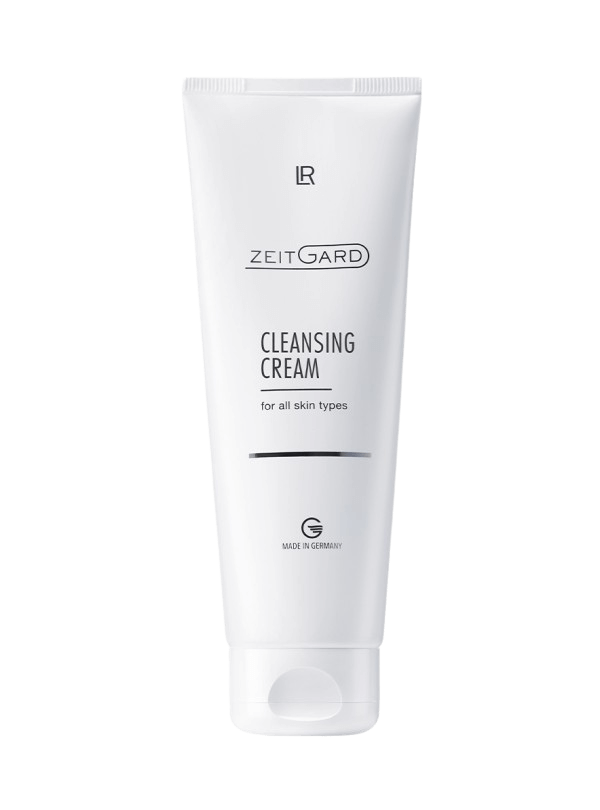 Tube de "Crème nettoyante Zeitgard pour le visage", enrichie en extrait de harungana, conçue pour un nettoyage en profondeur tout en douceur, adaptée à tous types de peau.