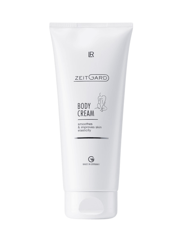 Crème pour le corps ZEITGARD riche en acide hyaluronique, panthénol et vitamine E, conçue pour améliorer l'élasticité et la tonicité de la peau.<br />
