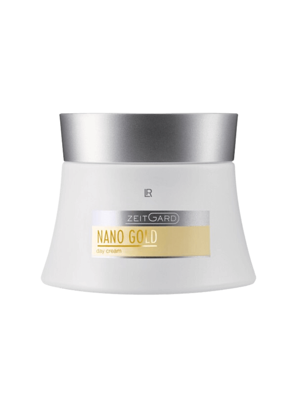 Pot de crème de jour "Nanogold & Soie" pour une hydratation luxueuse et anti-âge, enrichie en huile de noyau d'abricot et protéines de soja.