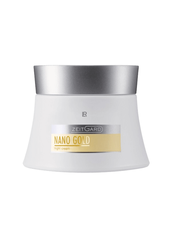 Pot de "Nanogold crème de nuit", soin régénérant enrichi en microalgues et en particules d'or, conçu pour revitaliser et lisser la peau durant le sommeil.