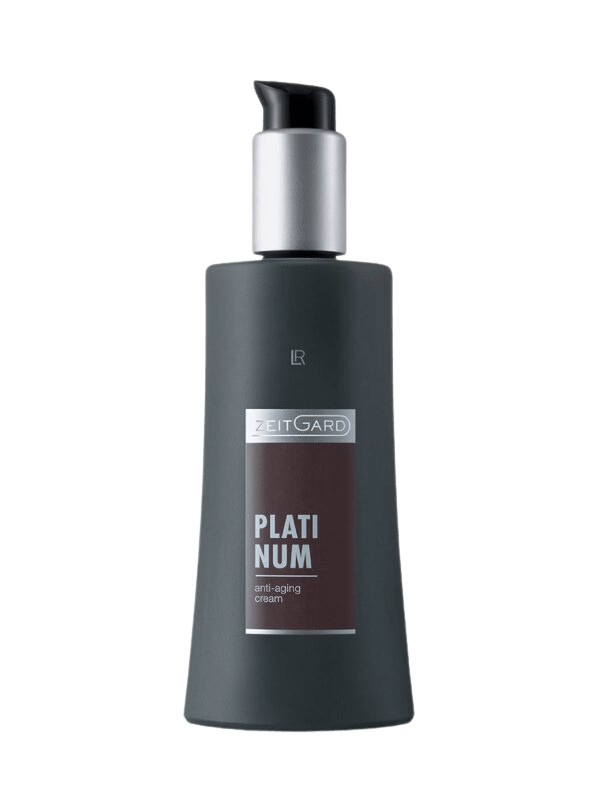 Flacon de Crème Anti-âge Platinum ZEITGARD, riche en eau de glacier, extrait de cactus, acide hyaluronique et vitamine E pour un teint rajeuni et une peau hydratée.