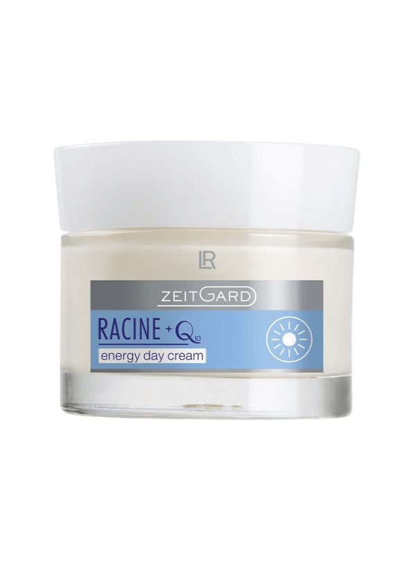 Pot de crème de jour "ZEITGARD RACINE + Q10" pour une hydratation durable, avec coenzyme Q10 et filtres UV pour une protection et un soin énergisant.<br />
