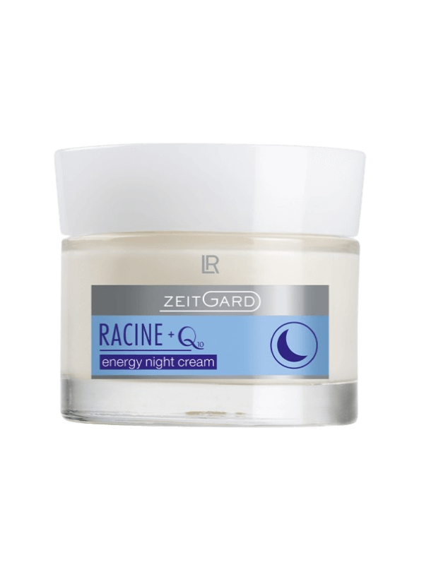 Pot de crème de nuit "Racine" avec Q10, hydratation intense et revitalisante, pour une peau énergisée et un teint rajeuni.<br />
