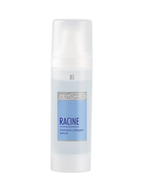 Sérum de collagène Racine dans un flacon airless bleu et blanc, destiné à revitaliser la peau sensible du visage.<br />
