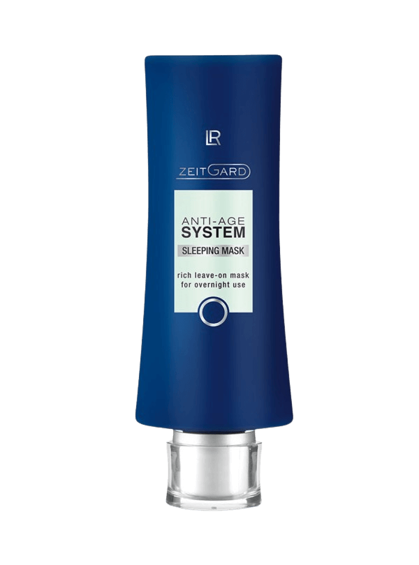 Tube de "ZEITGARD Anti-Age System Sleeping Mask" avec huile de jojoba et Ultra Filling Spheres® pour une peau hydratée et rajeunie pendant le sommeil.