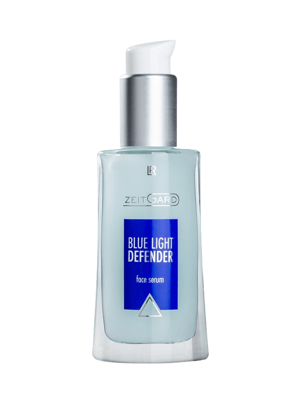 Flacon de sérum pour le visage "Blue Light Defender", conçu pour protéger la peau contre le vieillissement induit par la lumière bleue, enrichi d'extrait de spiruline et de lotus bleu.