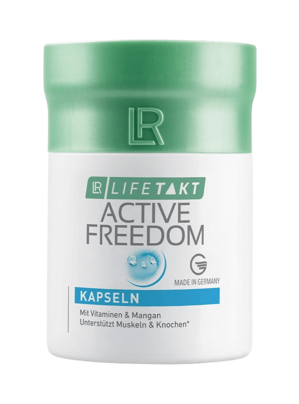 Boîte verte de capsules LR Lifetakt Active Freedom pour soutien musculaire et osseux, enrichies en vitamines, sans allergènes courants.