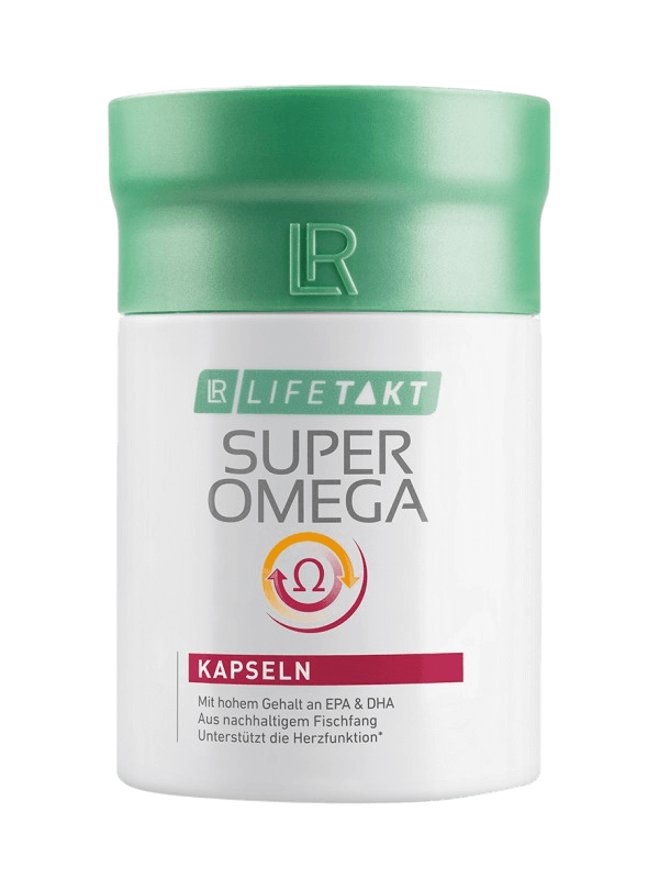 Bouteille de complément alimentaire LR Lifetakt Super Omega en gélules riches en EPA et DHA pour la santé cardiovasculaire et cérébrale, issues de pêche durable.