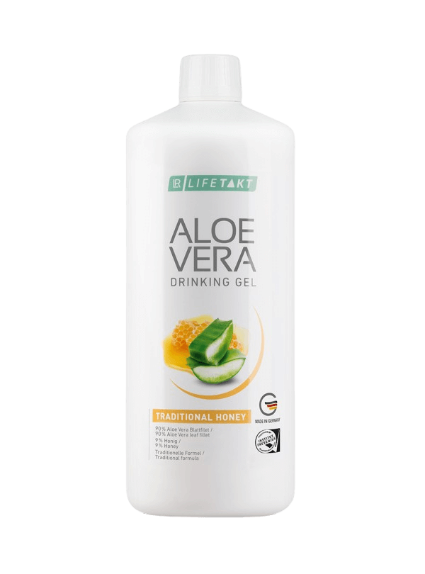 Bouteille de LR Lifetakt Aloe Vera Drinking Gel au miel traditionnel pour le soutien du métabolisme énergétique et du système immunitaire, enrichi en vitamine C.