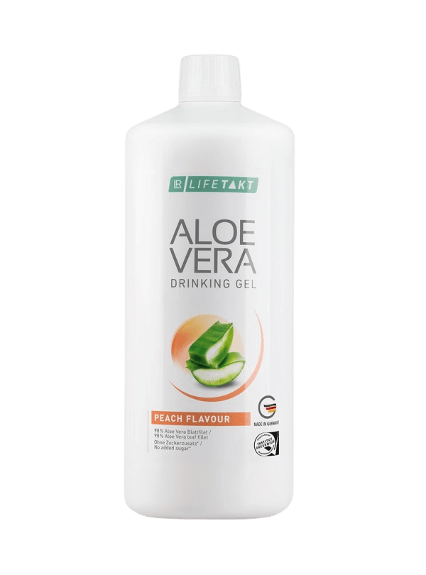Boisson Aloe Vera LR Lifetakt enrichie en vitamine C saveur pêche, idéale pour soutenir le métabolisme énergétique, le système immunitaire et le confort digestif sans sucres ajoutés.
