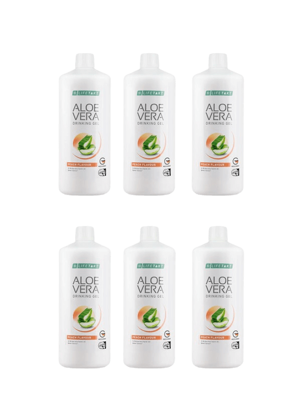 Pack de six bouteilles LR Lifetakt Aloe Vera Drinking Gel pêche, enrichi en vitamine C, certifié par SGS INSTITUT FRESENIUS et l'IASC, sans sucres ajoutés, idéal pour la nutrition et le soutien du métabolisme énergétique, du système nerveux et immunitaire, avec une consommation adaptée aux diabétiques.