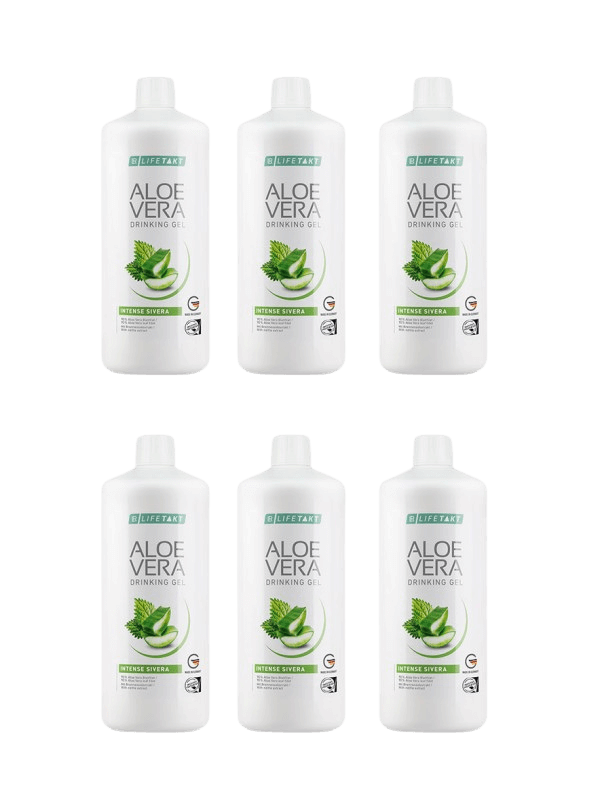 Pack de six bouteilles de gel à boire LR Lifetakt Aloe Vera Intense Sivera, riche en silicium et antioxydants pour un bien-être quotidien, certifié par le SGS INSTITUT FRESENIUS et l'IASC.