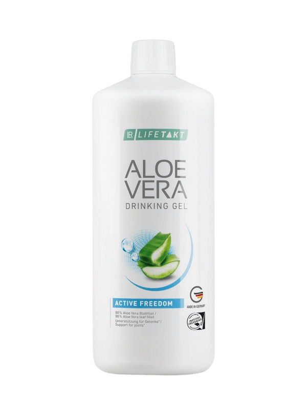 Bouteille de gel à boire Aloe Vera Active Freedom, enrichi en vitamines C et E, pour la santé des articulations, avec certification de pureté et qualité.