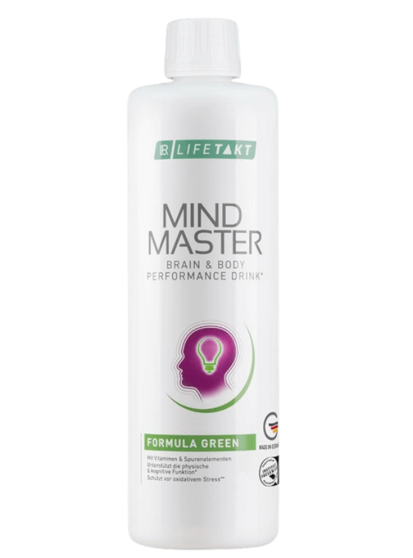 Bouteille de complément alimentaire LR Lifetakt Mind Master Formula Green, riche en vitamines et micronutriments pour le soutien énergétique et la réduction de la fatigue, avec certification SGS INSTITUT FRESENIUS.