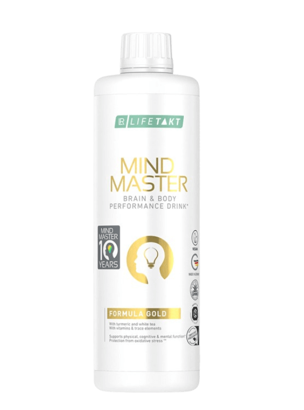 Boisson de performance cérébrale et corporelle Mind Master Formula Gold avec antioxydants, vitamines, curcuma et Aloe Vera pour l'énergie et l'équilibre.