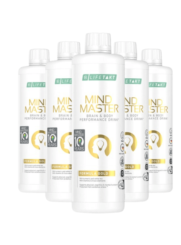 Ensemble de cinq bouteilles de Mind Master Formula Gold, un complément alimentaire vegan à base de coenzyme Q10, vitamines D et K, extrait de thé blanc, curcuma, Aloe Vera et L-carnitine. Goût fruité d'orange sanguine, melon et citron, conçu pour soutenir l'énergie, la performance et l'équilibre mental.