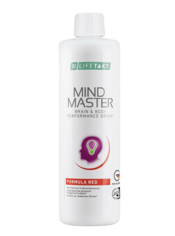 Bouteille de complément alimentaire LR Lifetakt Mind Master Formula Red pour le soutien énergétique et cognitif, riche en Aloe Vera, vitamines, et minéraux, avec certification de qualité SGS INSTITUT FRESENIUS.
