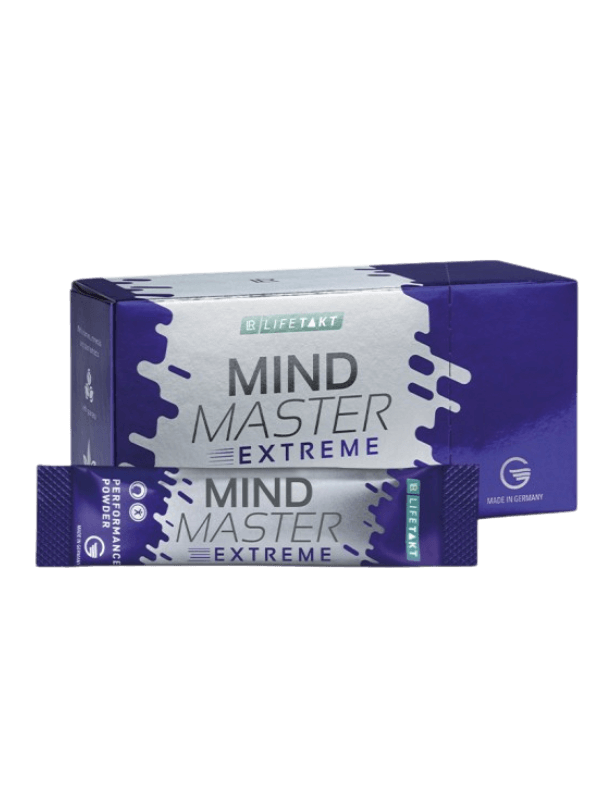 Boîte de Mind Master Extreme avec ingrédients naturels visibles, incluant guarana et Aloe Vera, pour améliorer la performance mentale et physique, sans sucre.
