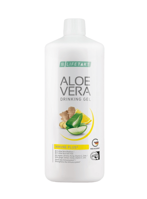 Bouteille de gel à boire Aloe Vera Immune Plus intégrant gingembre, citron, miel, vitamine C, zinc, sélénium pour soutien immunitaire, fabriqué en Allemagne.