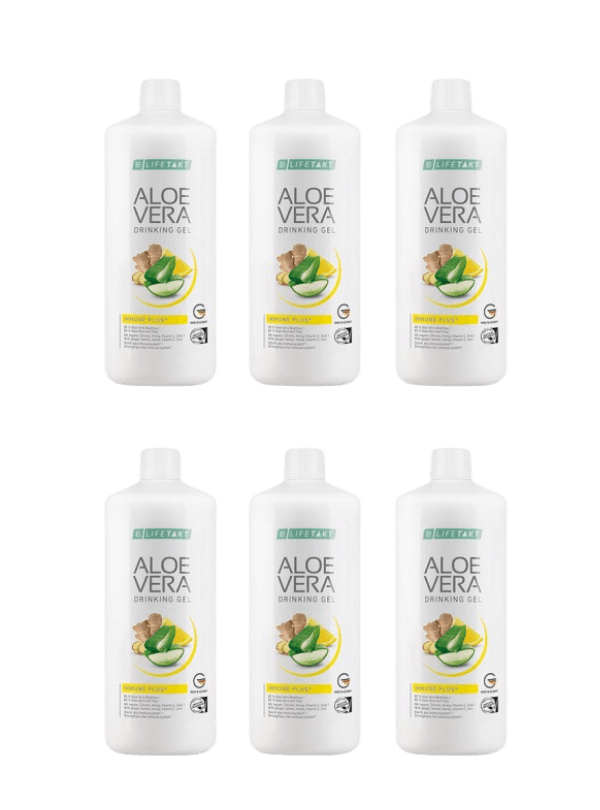 Six bouteilles d'Aloe Vera Gel à Boire Immune Plus, enrichi avec vitamine C, Zinc, et Sélénium pour soutien immunitaire et vitalité quotidienne.