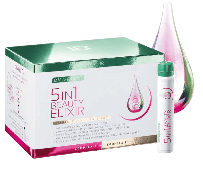 Boîte et ampoules de 5en1 Beauty Elixir pour l'hydratation de la peau, l'élasticité et la réduction des rides, formulé avec des antioxydants et du collagène.
