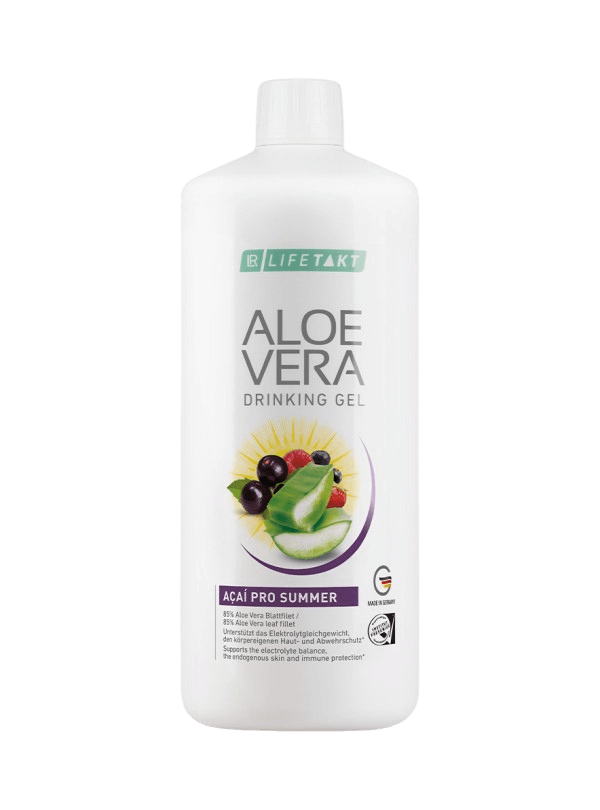 Flacon de Aloe Vera Gel à Boire Açaï Pro Summer enrichi à 85% d'aloe vera, avec des baies d'açaï, des nutriments essentiels et un goût naturel de baies pour le bien-être quotidien et l'hydratation.