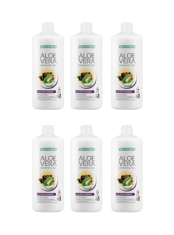 Pack de six bouteilles d'Aloe Vera Gel à Boire Açaí Pro Summer avec ingrédients naturels pour hydratation et soutien immunitaire.