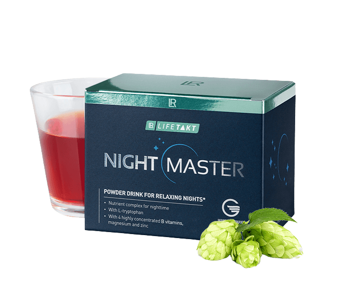 Boîte de Night Master par LR LIFETAKT, boisson en poudre sans sucre avec L-tryptophane, vitamines et minéraux pour améliorer la qualité du sommeil, avec arôme naturel de cerise.
