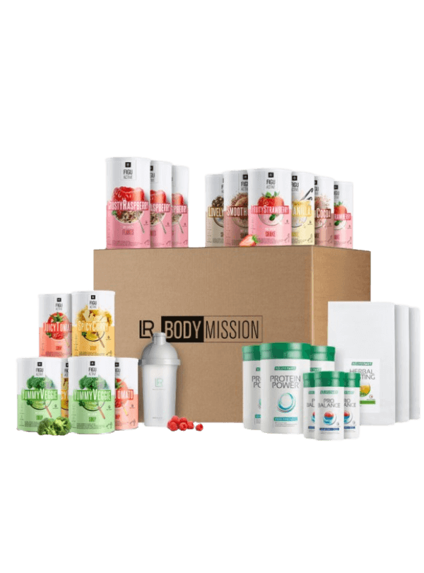 Programme complet LR BODY MISSION 3 mois pour gestion du poids avec shakes, soupes, flakes, et suppléments, incluant Pro Balance, Aloe Vera Drinking Gel, Protein Power, et Herbal Fasting Tea, pour un régime équilibré et soutien au métabolisme.