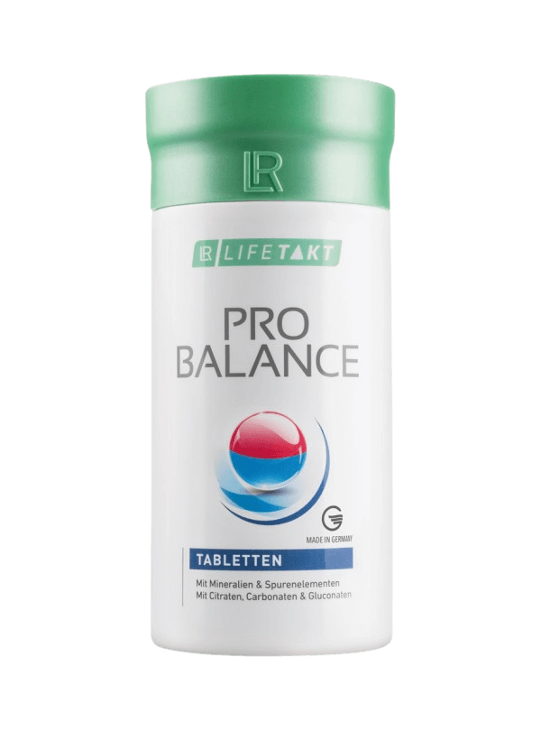 Flacon de comprimés Pro Balance contenant des minéraux et oligo-éléments pour l'équilibre acido-basique, sans lactose, enrichi en citrates, carbonates et gluconates, pour le bien-être quotidien.