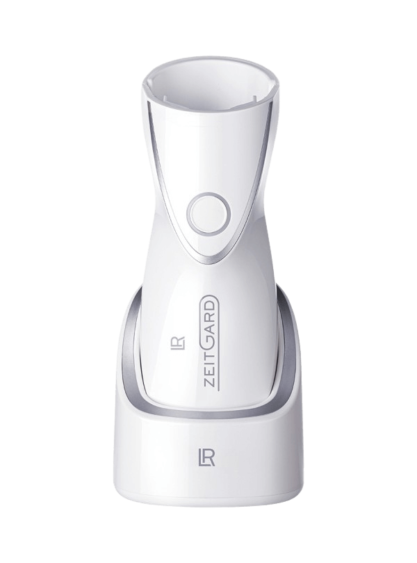 Appareil de soin du visage LR ZEITGARD avec fonctions multiples pour nettoyage, exfoliation, anti-rides et fermeté de la peau, avec chargeur.