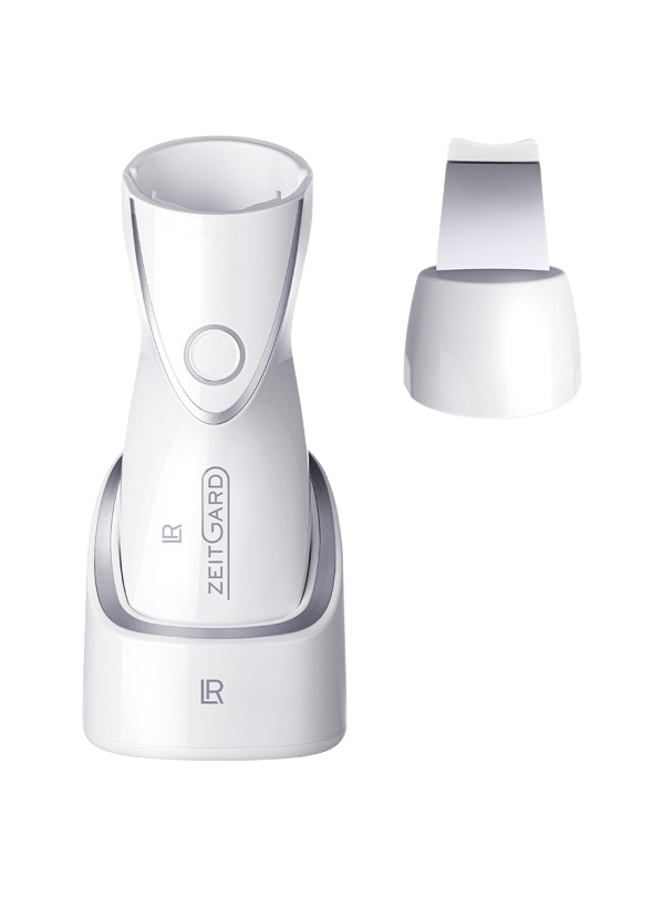 Appareil ZEITGARD avec module exfoliant pour une peau éclatante et saine, utilisant des technologies ultrasons et oscillation pour un soin visage professionnel à domicile.