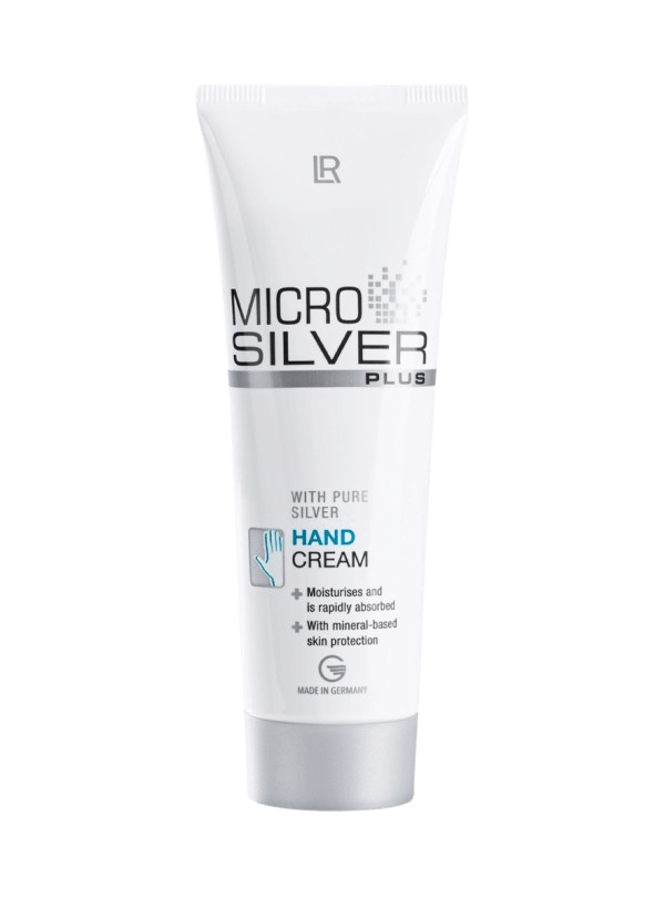Tube de crème pour les mains MICROSILVER PLUS, riche en MicroSilver BG™ antibactérien et antiviral, conçu pour nourrir intensément et protéger la peau.
